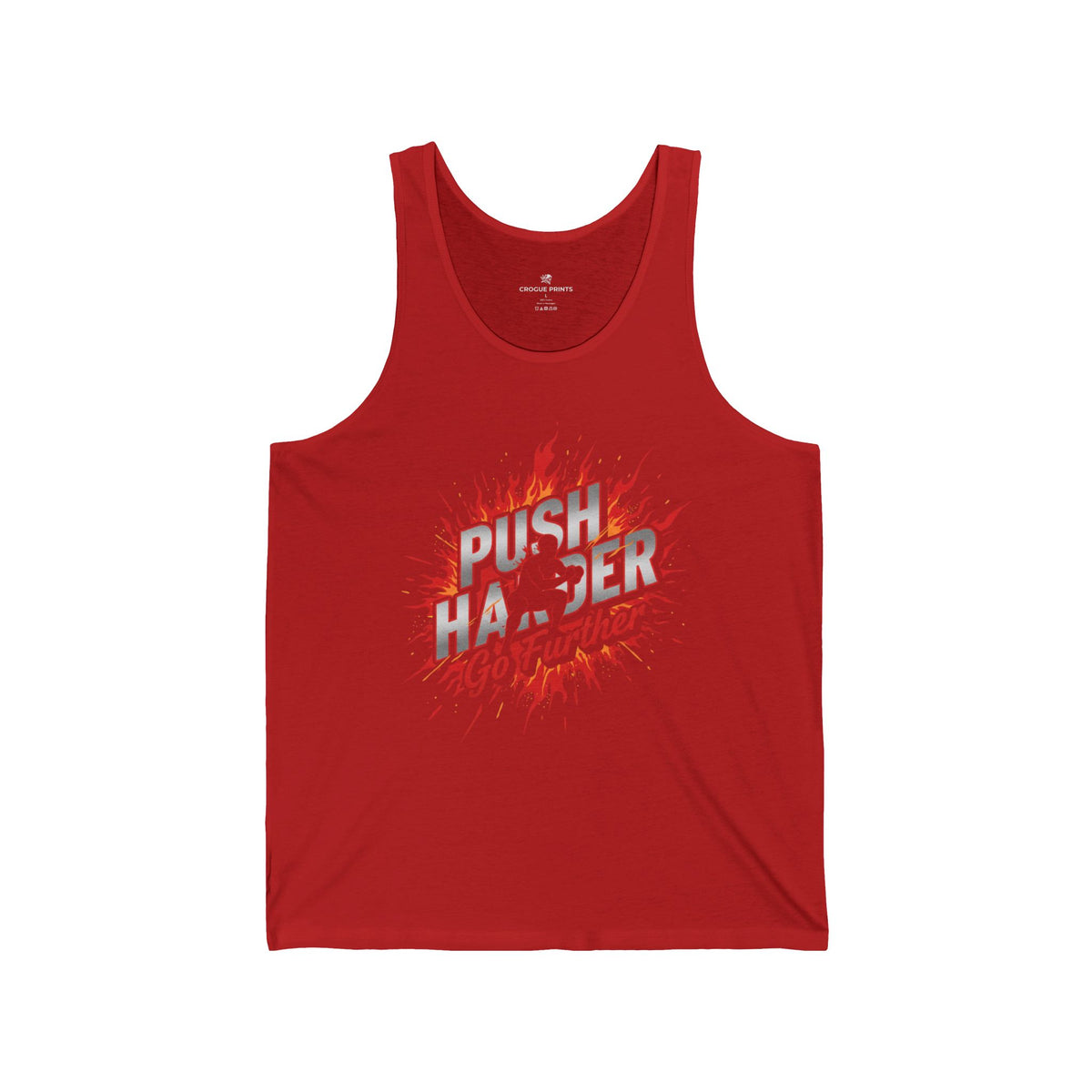Push Harder Tank Top — Motivational Gym Tank with 'Push Harder Go Further' Flame Graphic