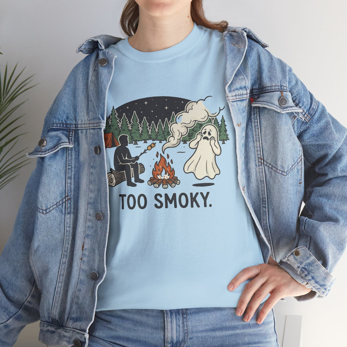 Too Smoky Camping T-Shirt — Funny Ghost & Campfire Tee