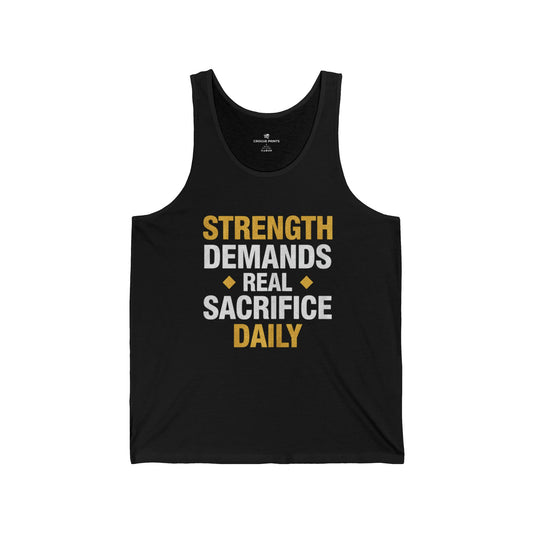 Motivational Gym Tank Top — "Strength Demands Real Sacrifice Daily"