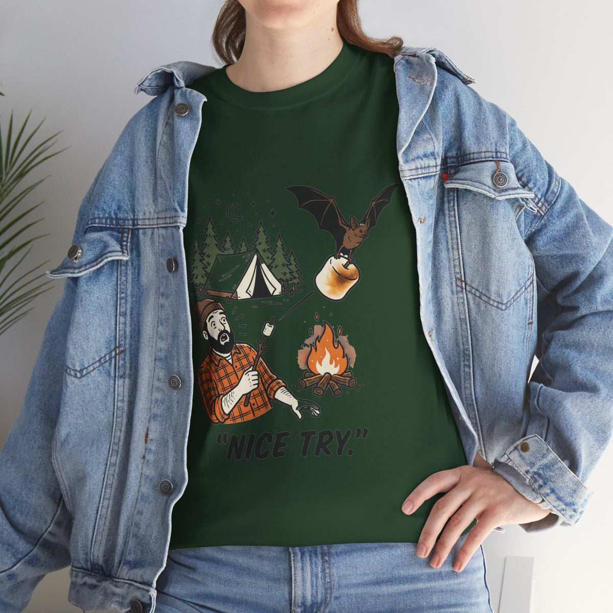Camping Graphic Tee — 'Nice Try' Funny Outdoors Shirt