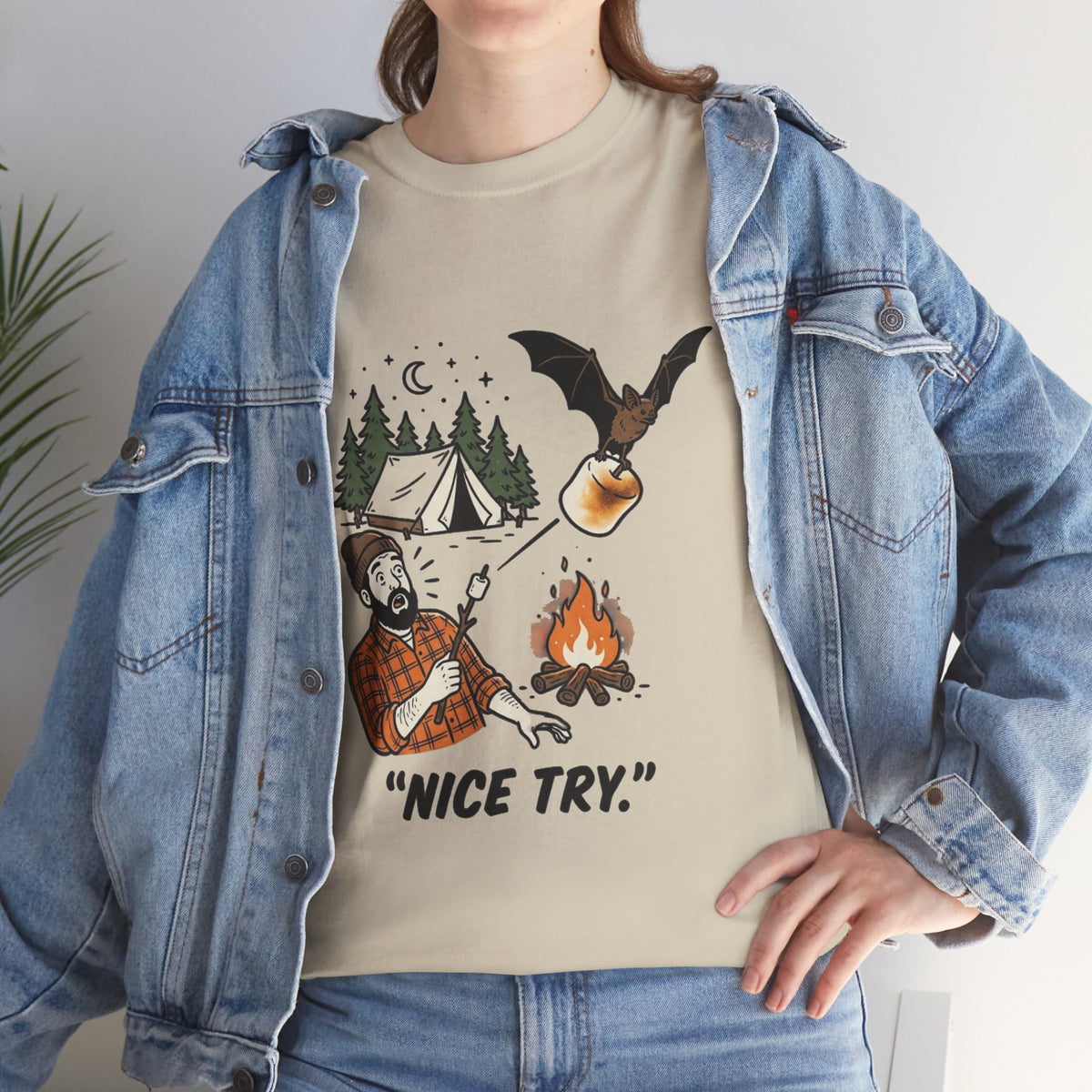 Camping Graphic Tee — 'Nice Try' Funny Outdoors Shirt