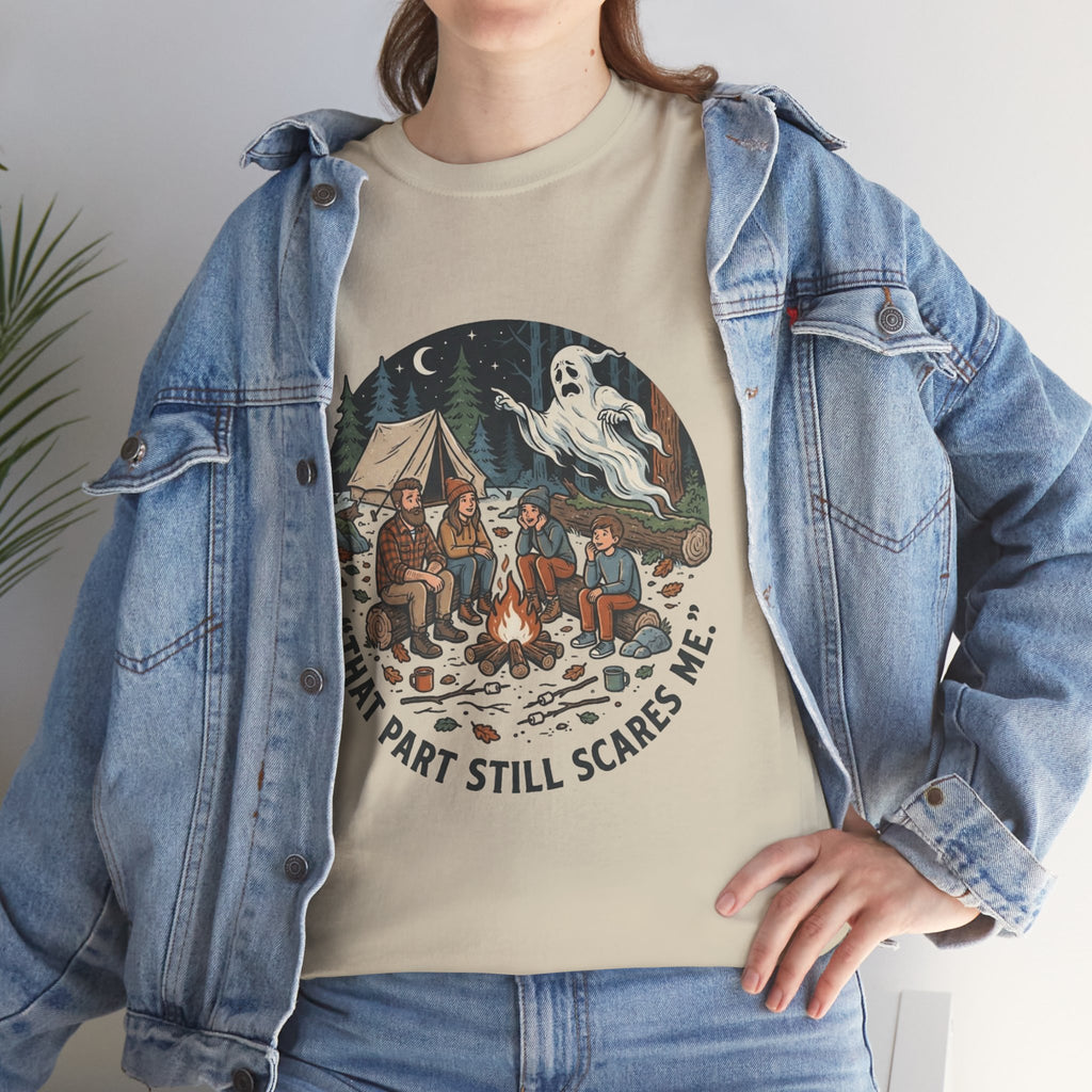 Camping Ghost Tee — "That Part Still Scares Me" Funny Vintage Campfire T-Shirt
