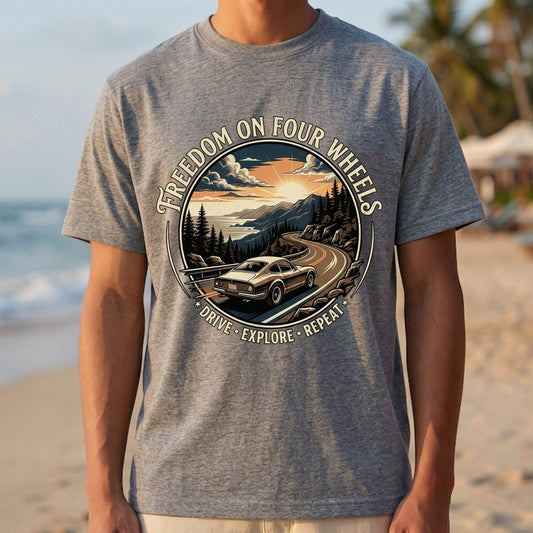 Vintage Road Trip T-Shirt – "Freedom On Four Wheels" Sunset Scene