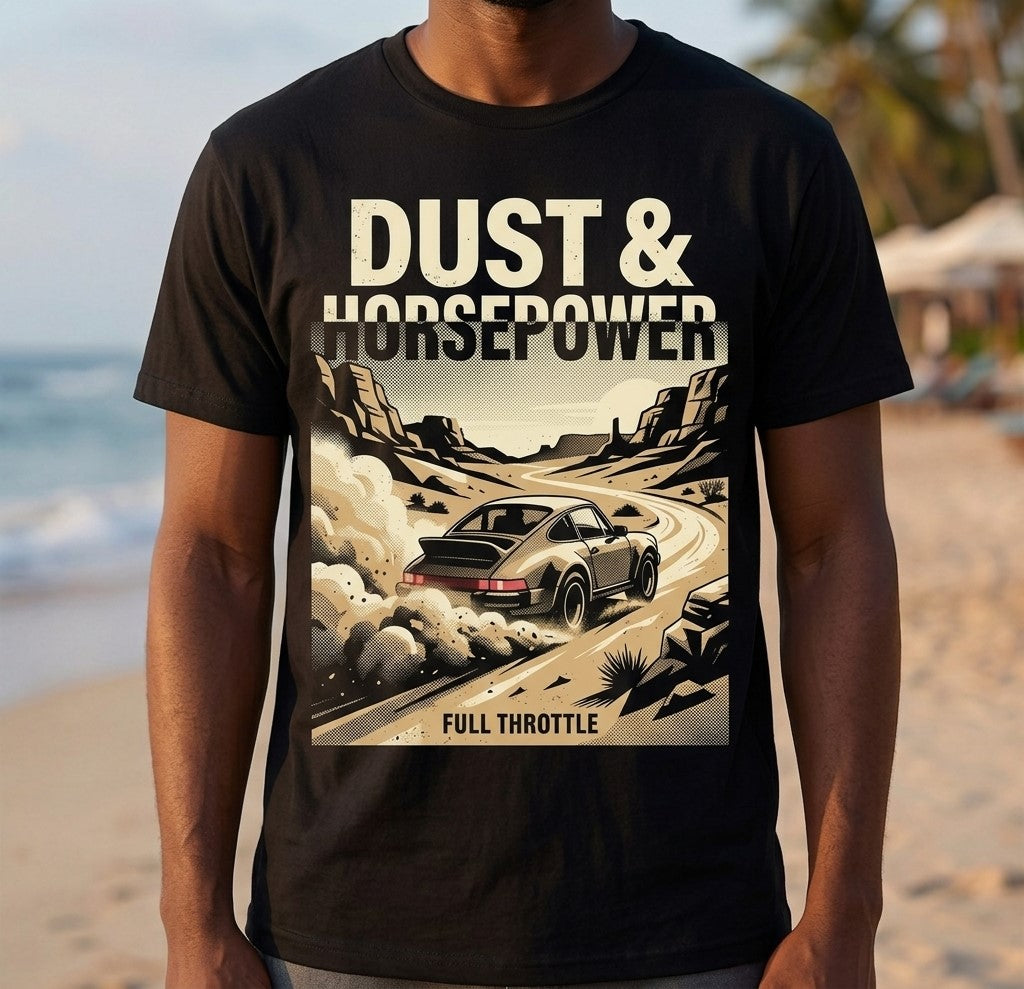 Dust & Horsepower Off-Road Tee — 'Full Throttle' Vintage Rally Graphic T-Shirt