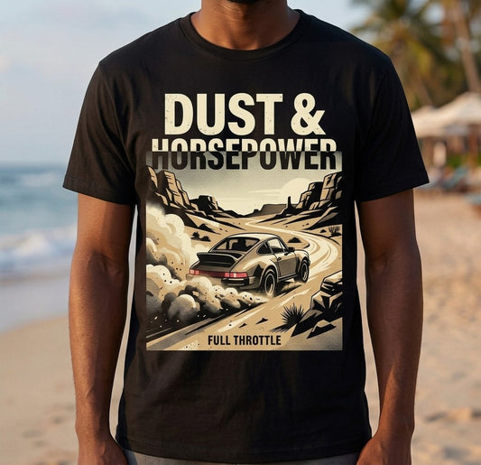 Dust & Horsepower Off-Road Tee — 'Full Throttle' Vintage Rally Graphic T-Shirt