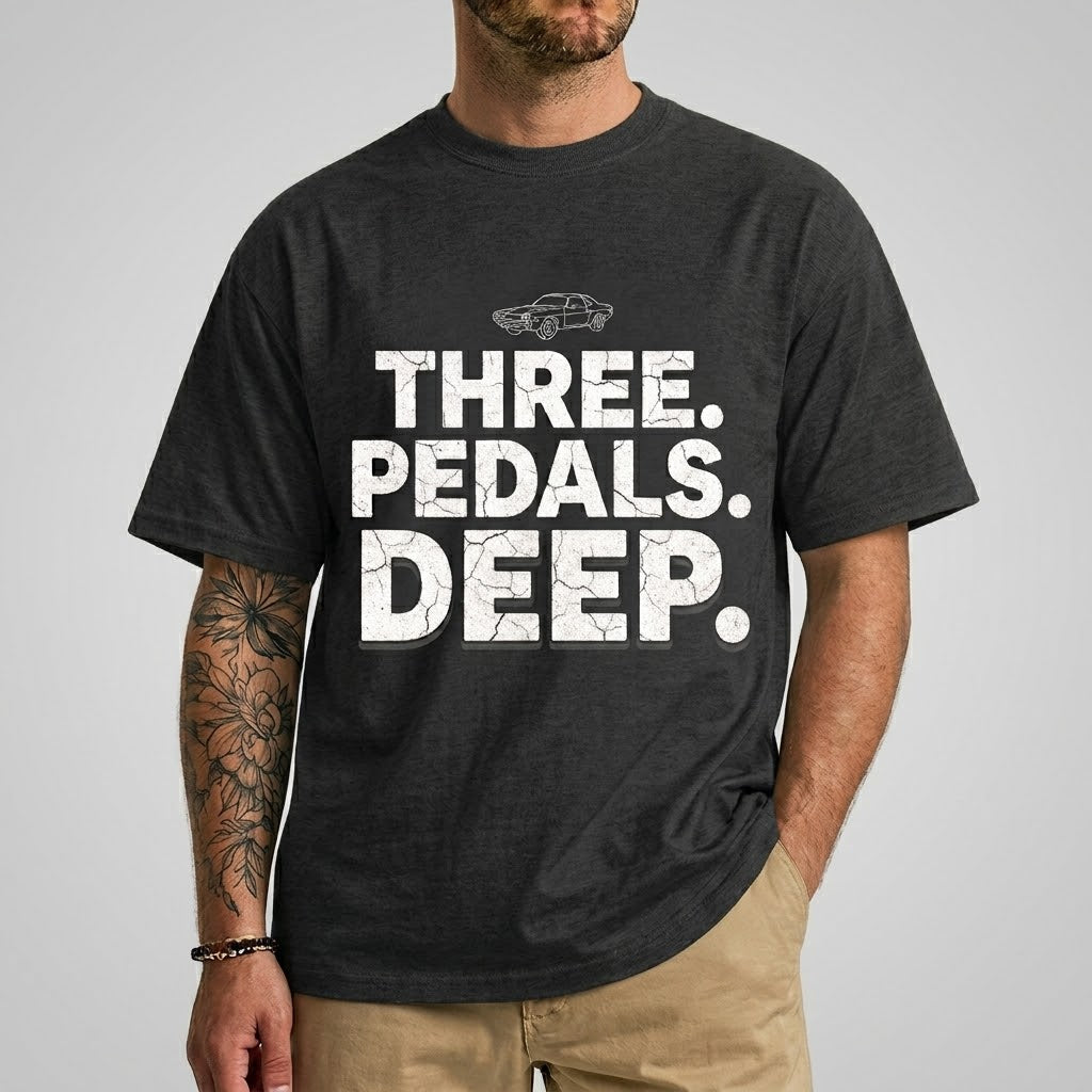 Save the Manuals! "Three. Pedals. Deep." Vintage Muscle Car Tee