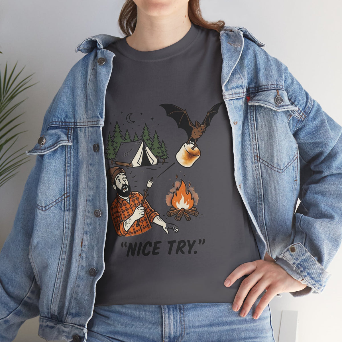Camping Graphic Tee — 'Nice Try' Funny Outdoors Shirt