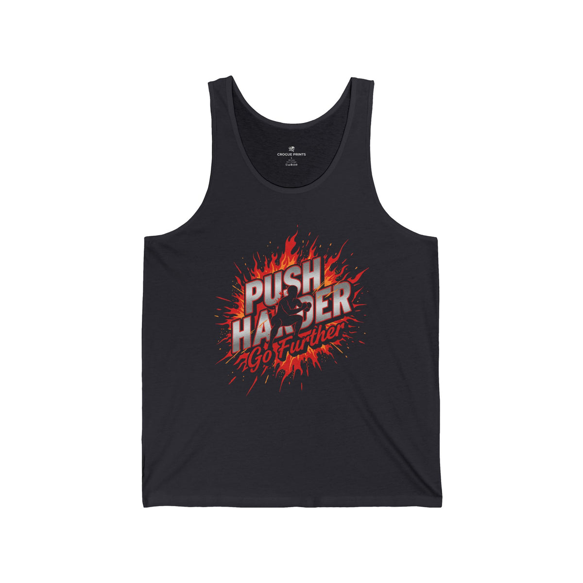 Push Harder Tank Top — Motivational Gym Tank with 'Push Harder Go Further' Flame Graphic
