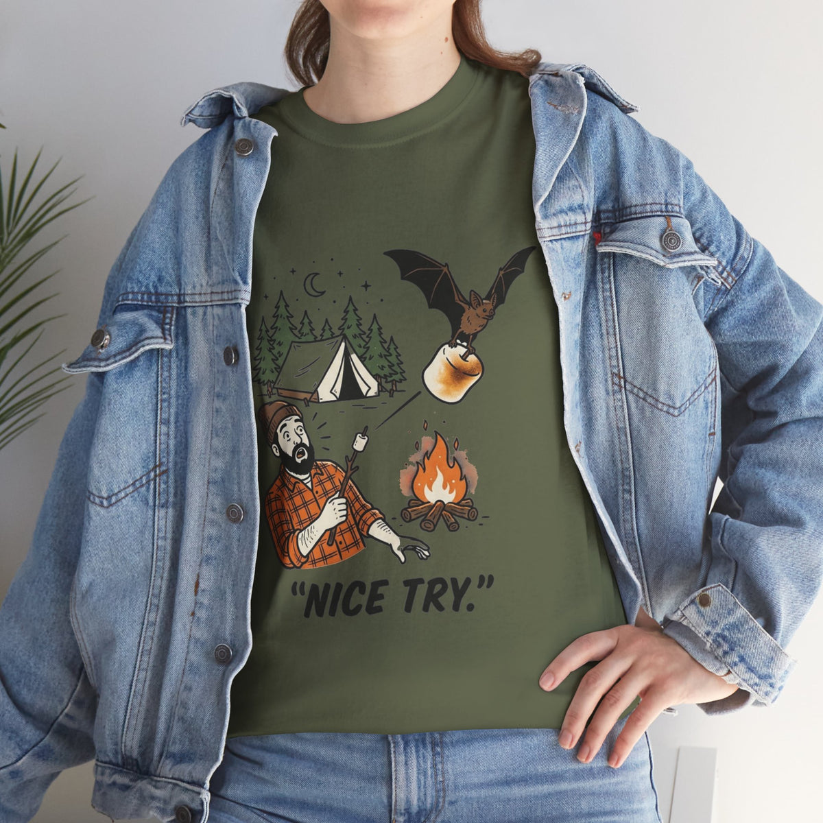 Camping Graphic Tee — 'Nice Try' Funny Outdoors Shirt
