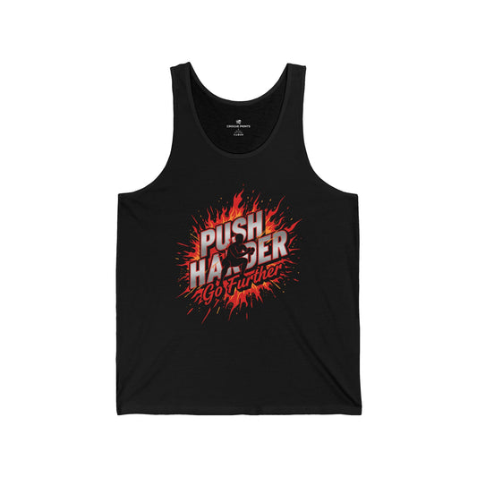 Push Harder Tank Top — Motivational Gym Tank with 'Push Harder Go Further' Flame Graphic