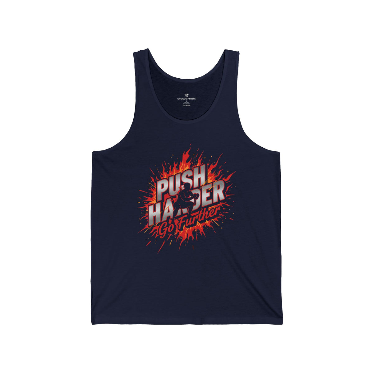 Push Harder Tank Top — Motivational Gym Tank with 'Push Harder Go Further' Flame Graphic