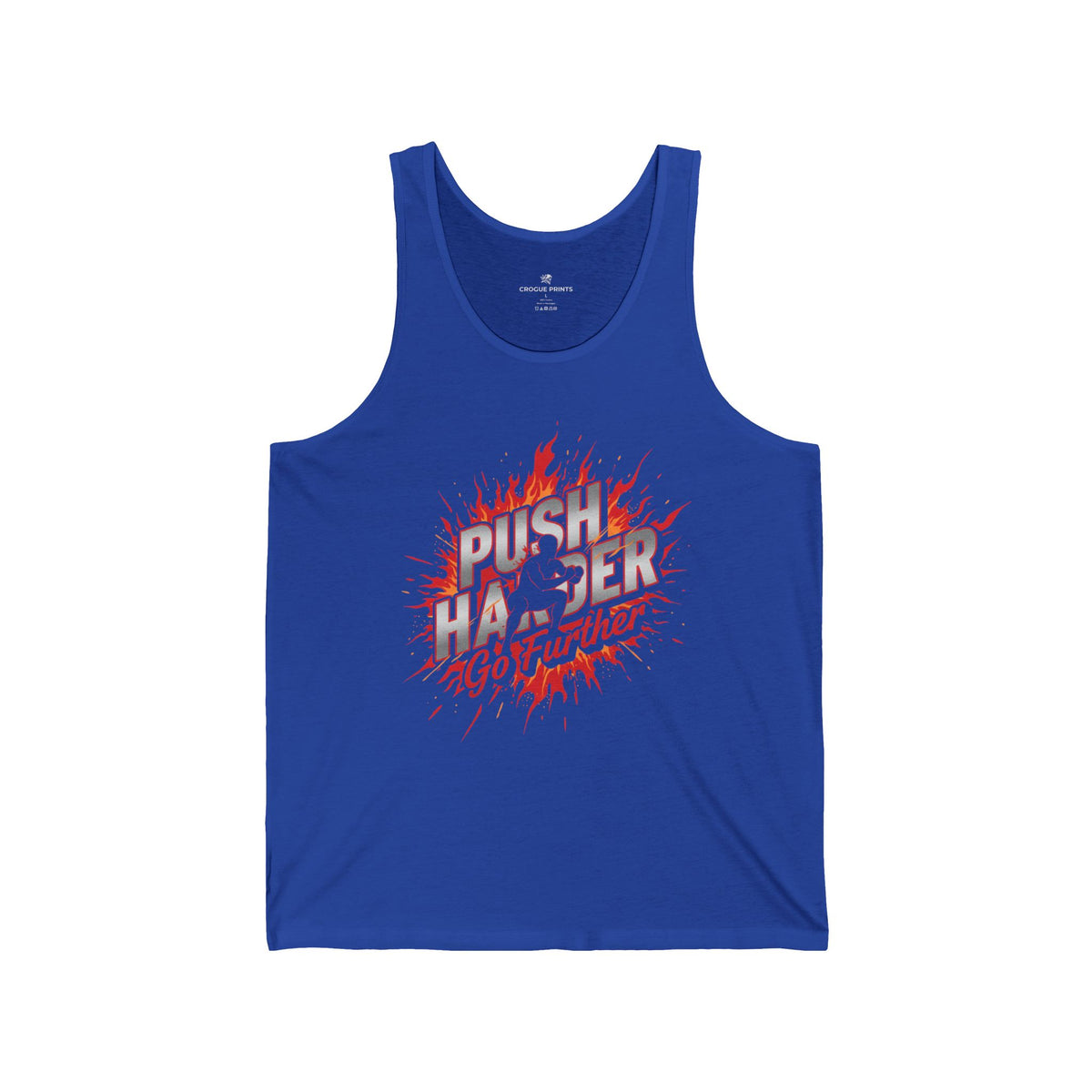 Push Harder Tank Top — Motivational Gym Tank with 'Push Harder Go Further' Flame Graphic