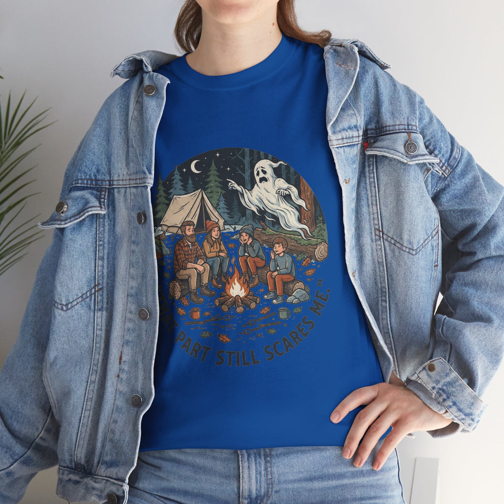 Camping Ghost Tee — "That Part Still Scares Me" Funny Vintage Campfire T-Shirt