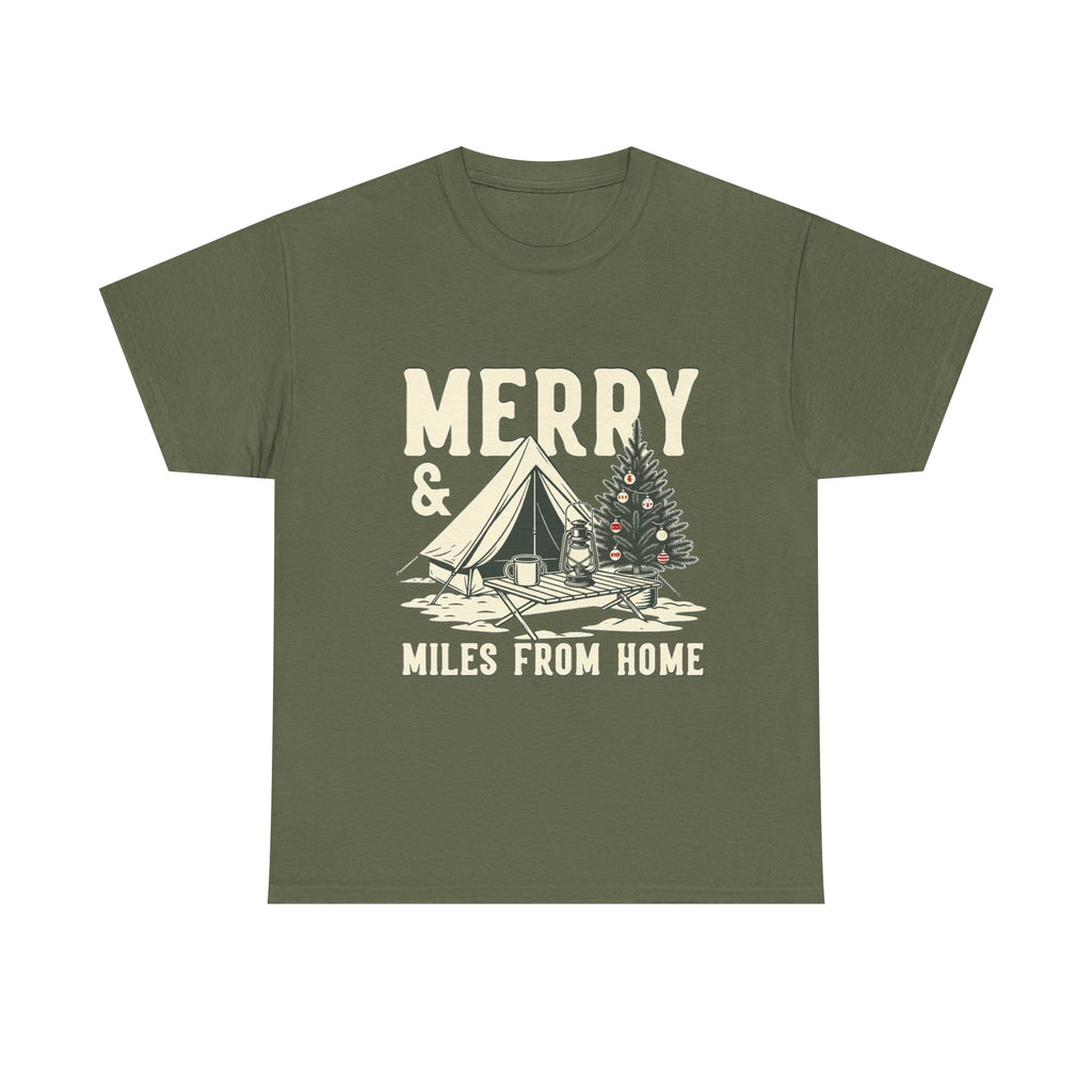Camping Christmas Tee — "Merry & Miles From Home" Holiday Camping T-Shirt